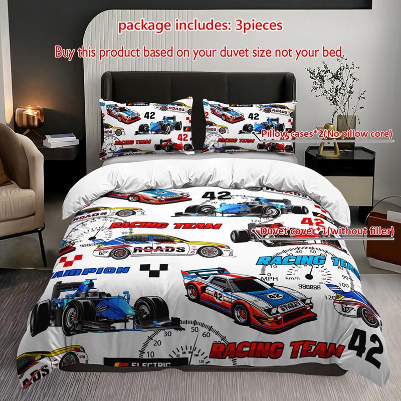 

3Pcs Race Car Bedding Duvet Cover Set Racing Car Bedding Quilt Set Sports Car Themed Bed Quilt Set Cool Race Car Bedroom Decor Duvet Cover Set&EU Single(135x200cm)