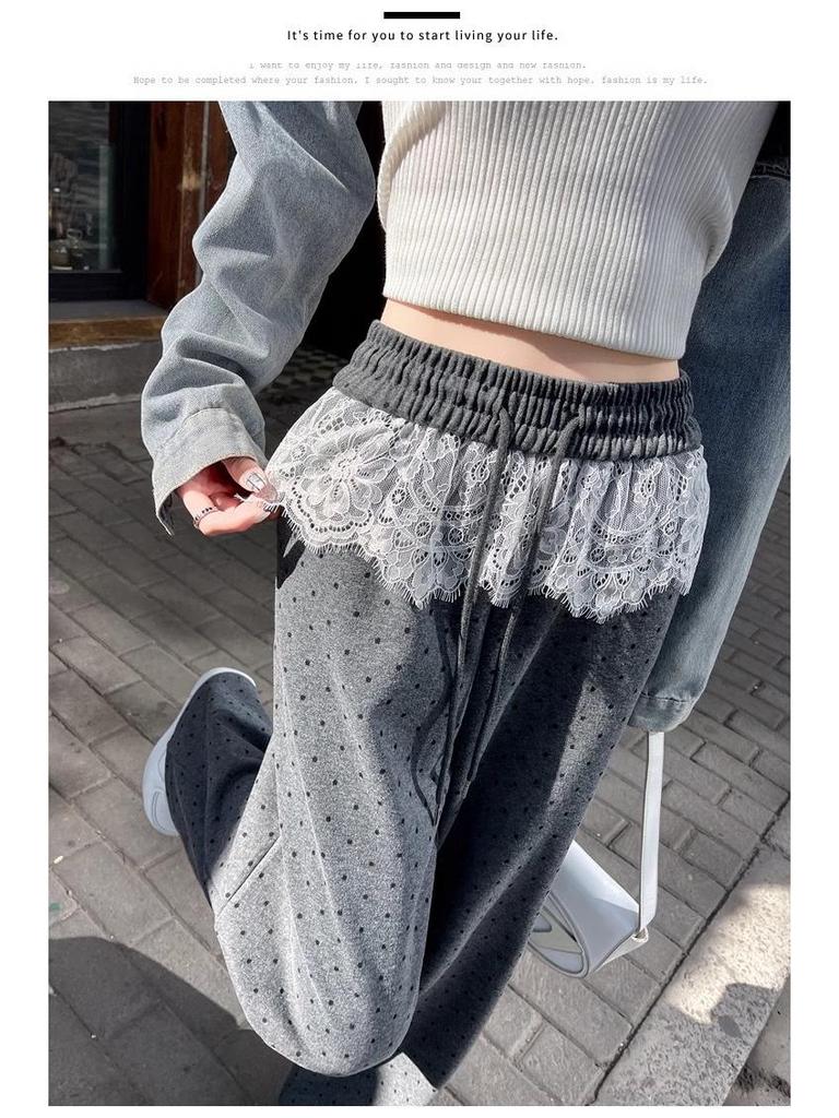 Women's Lace Patchwork Polka Dot Wide-Leg Elastic Waist Pants, Loose Fit, Floor-Length - Spring/Summer 2025 Collection