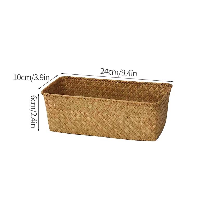 Woven Seagrass Wicker Storage Basket Rectangular Straw Rattan Basket Multipurpose Fruit Cosmetic Sundries Storage Organizer