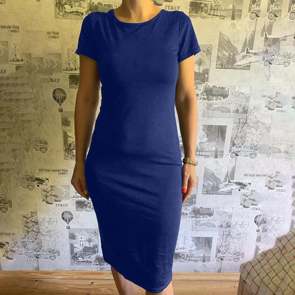 Women's Fashion Sexy  Solid Color Bag Hip Elasticity Short-sleeve Dress