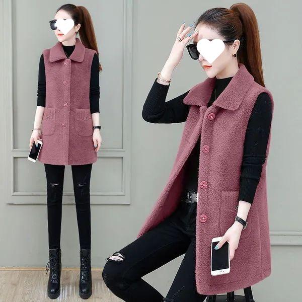 2025 Women s Winter Mid-Length Lambswool Plush Leather Vest S up to 42 kg