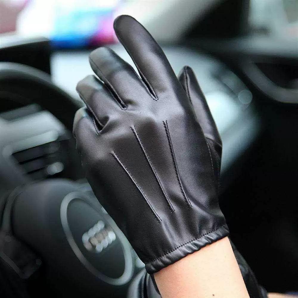 Autumn and Winter Leather Gloves for Men, Thin Style, Touchscreen-Compatible, for Driving, Cycling, and Motorcycling, Pu Leather with Fleece Lining