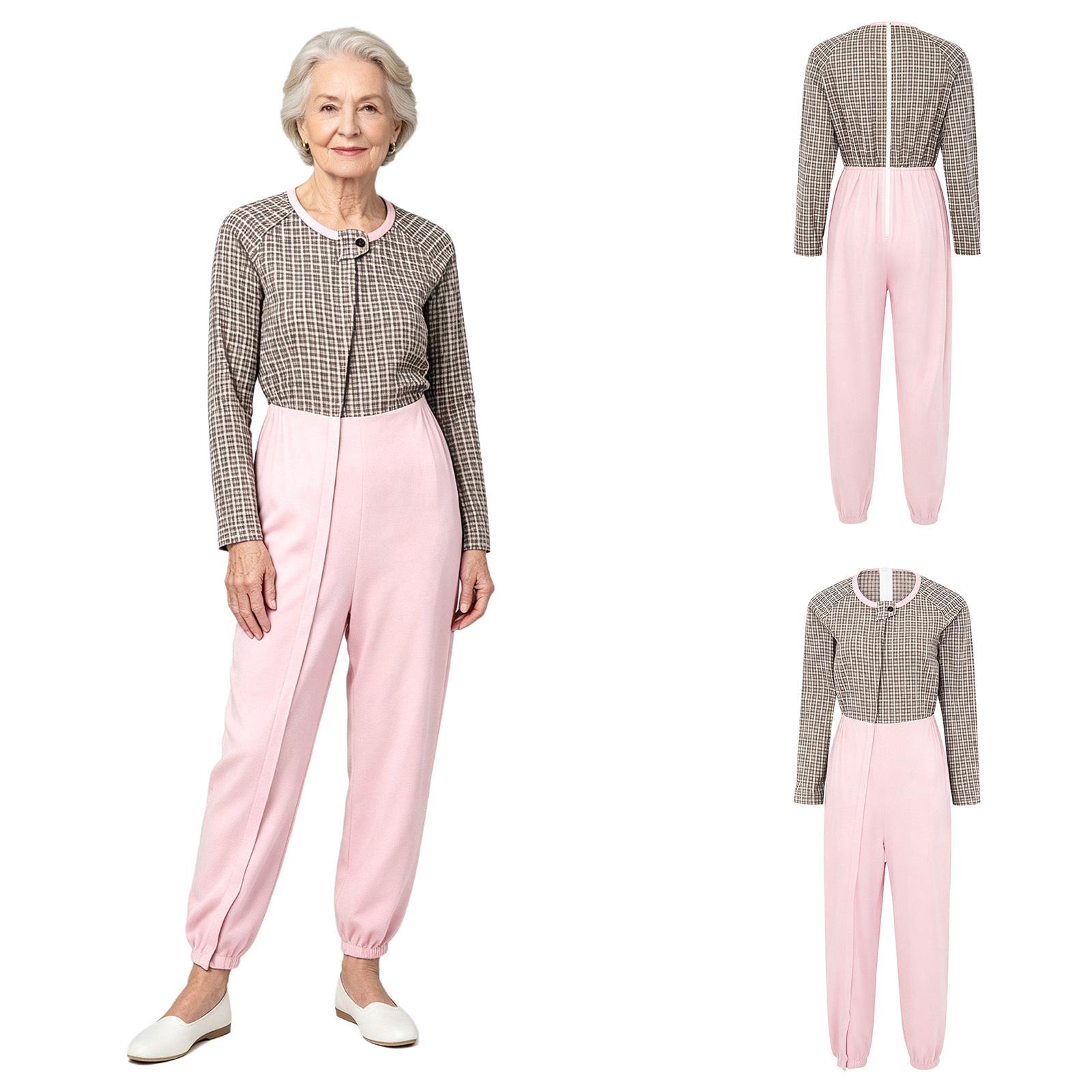 Demenz Ältere Adaptive Bodysuit Langarm Kariert Patchwork Overall mit verdecktem Reißverschluss vorne und hinten für besondere Bedürfnisse S rosa