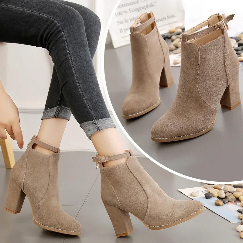 Women's Heeled Ankle Boots Fashion Sexy Pointed Woman Short Boots 2025 Spring Autumn New Plus Size 43 Women Shoes