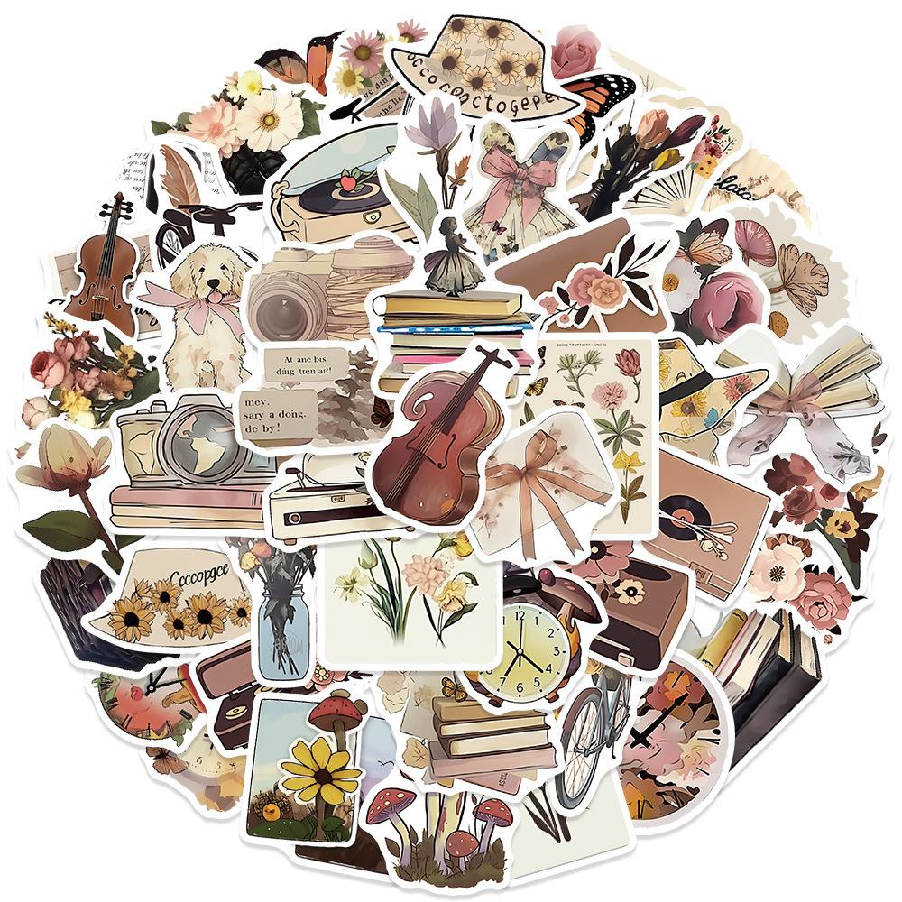 50pcs Vintage Animal Flower PVC Sticker Aesthetic Children's Stationery DIY Decoration Scrapbooking School Supplies