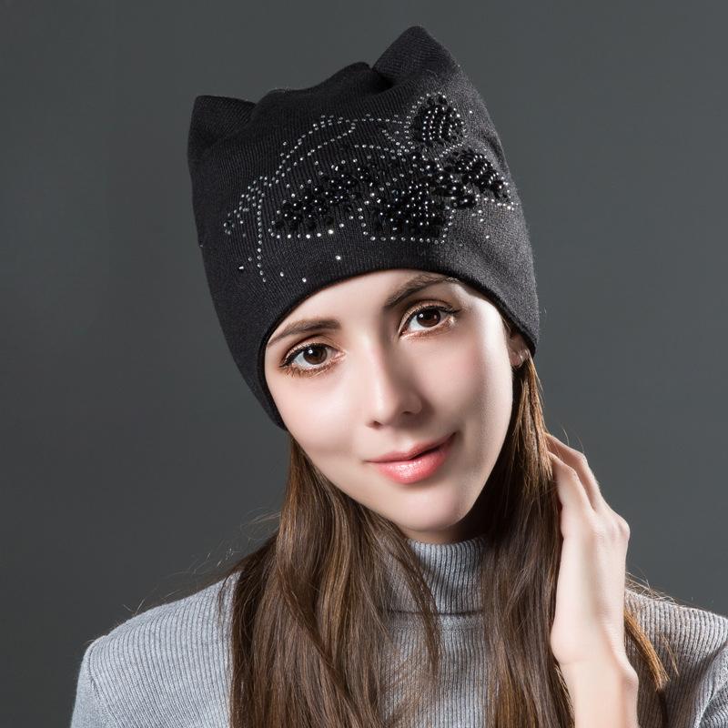 

Зимние вязаные бархатные теплые шапки с милыми кошачьими ушками и бабочками, шапки-бини для женщин, модные шапки, повседневная шапка для женщин тёмно-синий