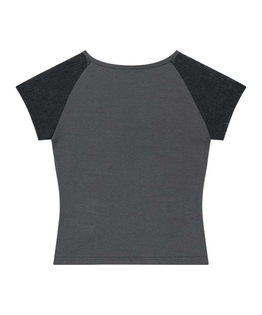 ILLIGO Lace Ribbon Contrast T-Shirt Charcoal