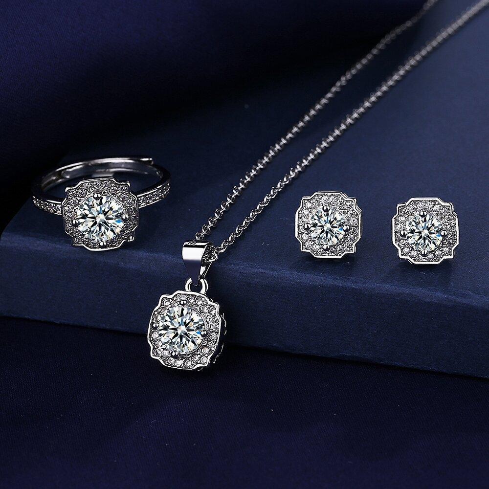 

925 Sterling Copper Zircon Sets For Women Heart Zircon Ring Earrings Necklace Wedding Bridal Elegant Christmas
