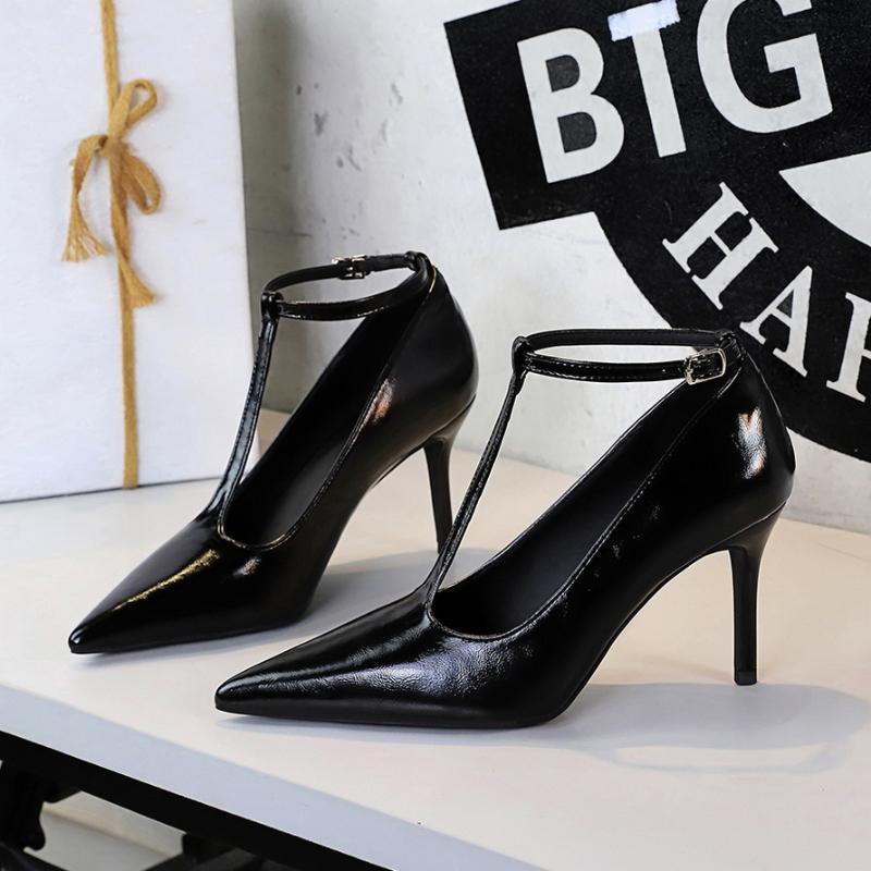 Fashion Pointed Toe High Heels With Polished Leather T-Shaped Buckles Shallow Mouth Single Shoes Fashionable Simple Women's Shoes