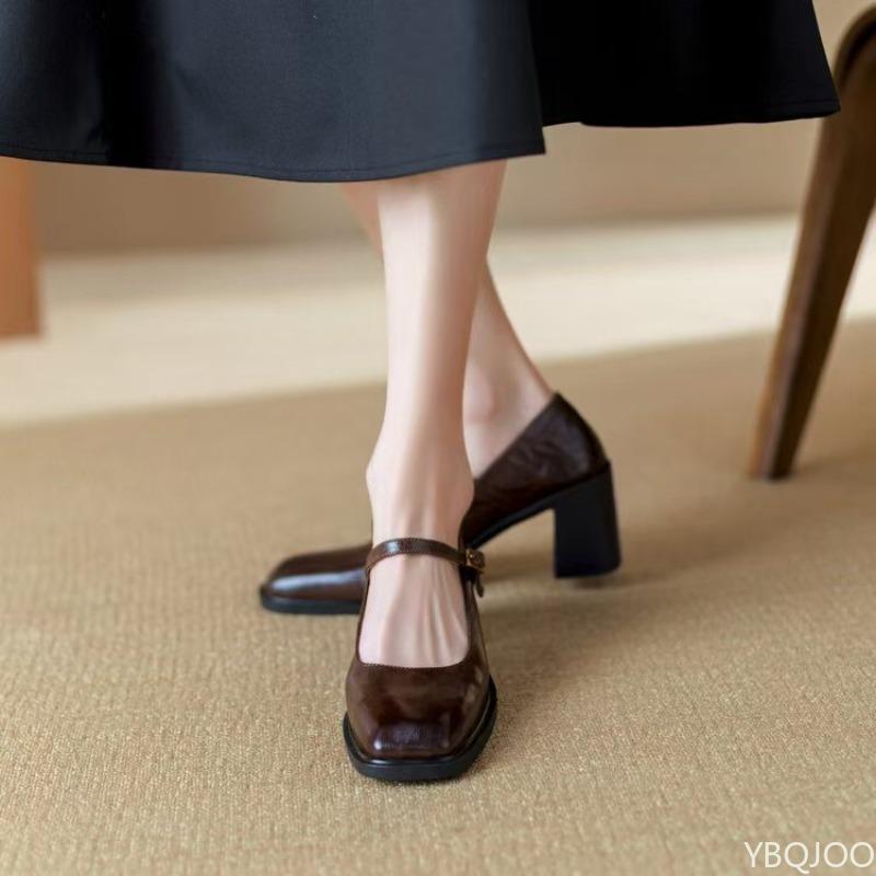 Vintage Square Toe Women Shoes Fashionable versatile Shallow mouth Spring Autumn Elegant minimalist square head Pumps Shoes