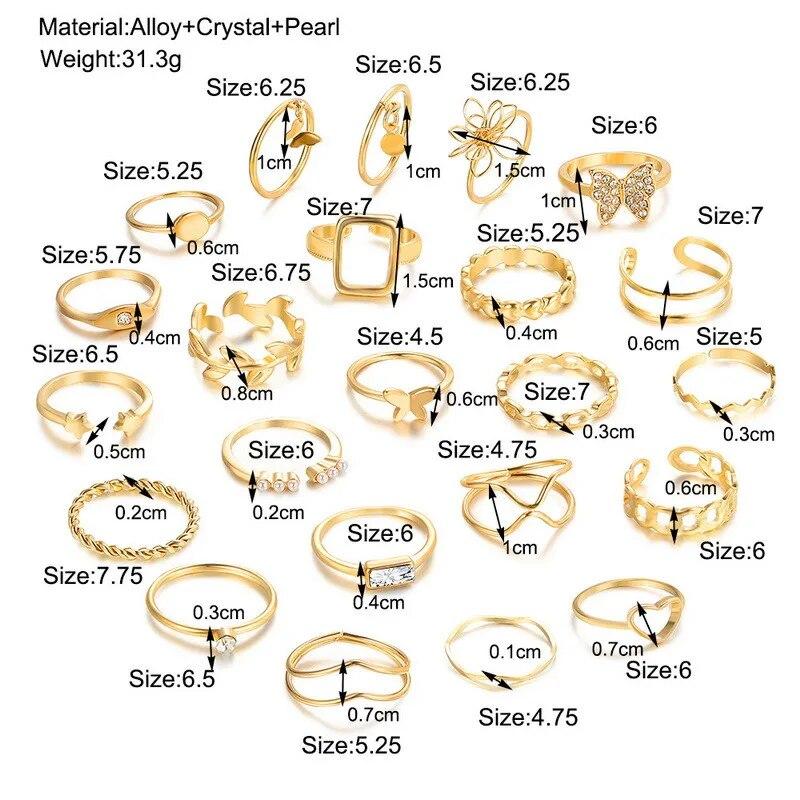22PCS/SET Korean Exquisite Hollow Butterfly Heart Flower Knuckle Rings Set For Women Men Trendy Geometric Leaf Ring Jewelry Gift