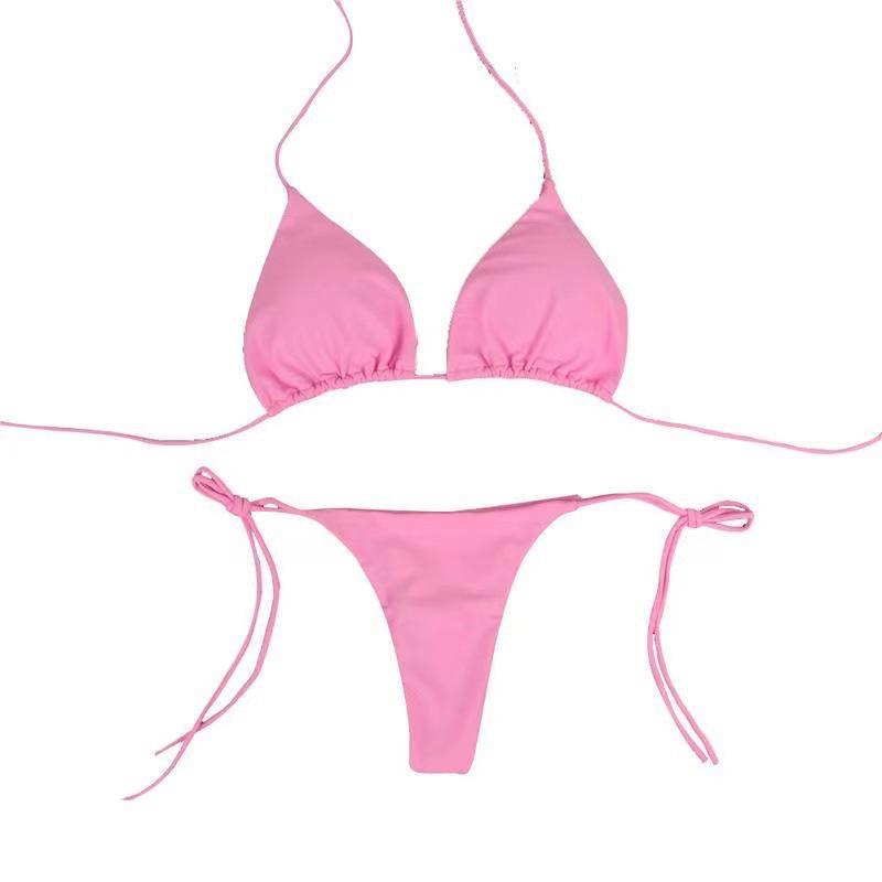 Европейский и американский однотонный сексуальный трехсекционный бикини с регулируемыми бретелями для женщин Small розовый