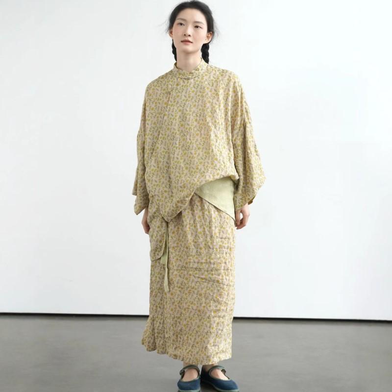 Johnature Damen Hemden im chinesischen Stil Stehkragen Siebenärmel Druck Blumen Blusen Sommer Knopf Vintage Hemden