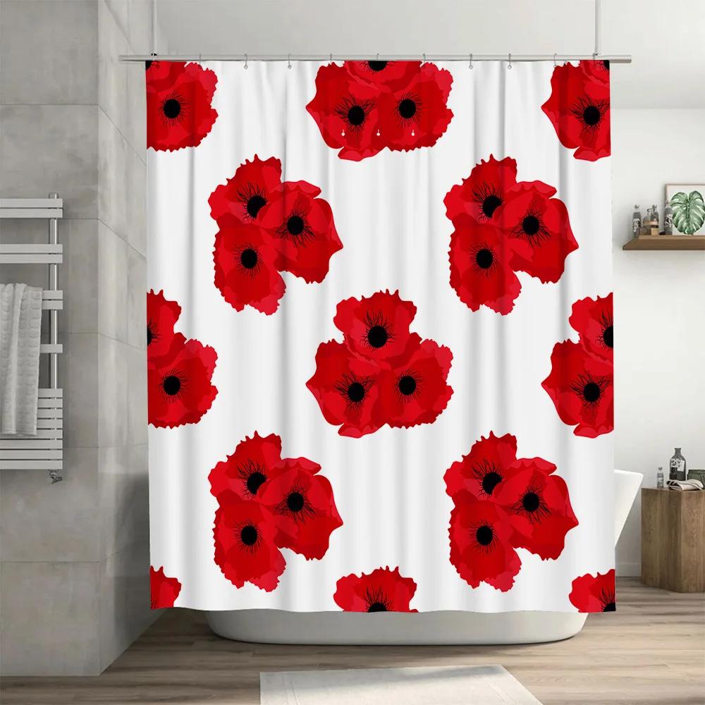 Red Poppy Shower Curtain Waterproof Fabric Decor for Bathroom Walls 3D Printed Design Available in Multiple Sizes