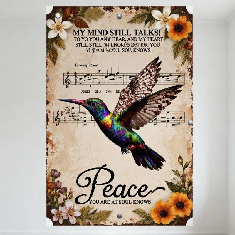 

Vintage Metal Tin Sign, Beige Aged Background with Flowers, Hummingbird, Musical Staff & Heartfelt Text MY MIND STILL TALKS... 20x30cm（7.8x11.8inch）