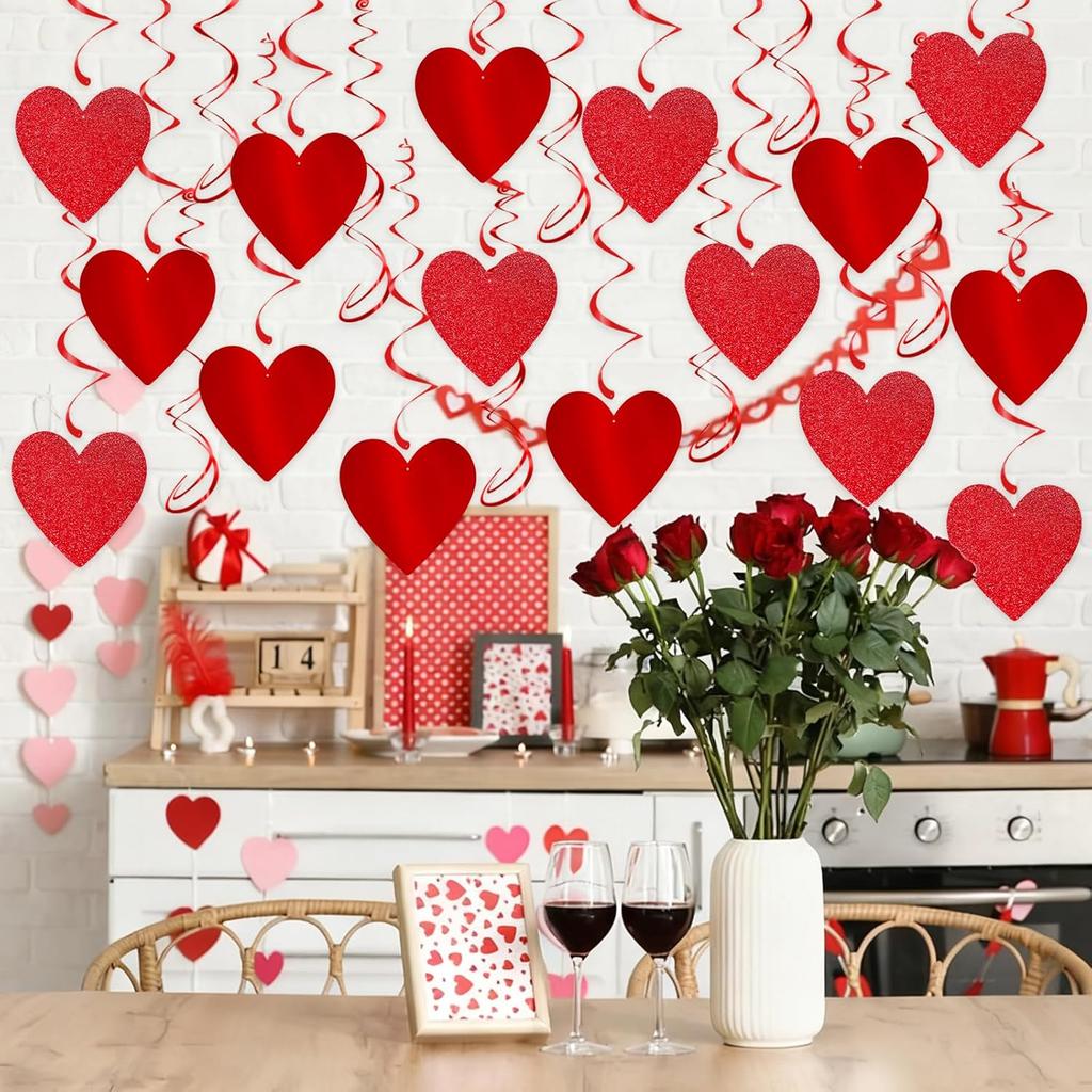 Glitter Red Hanging Heart Swirls Decorations, 40Pcs Valentine's Day Love Heart Streamers Ceiling Hanging Swirls for Romantic Galentines Anniversary