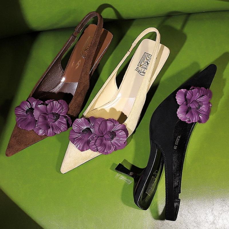 Fashion Flower Suede Pointed Toe Pumps Sandals for Women Retro Elegant High Heels Woman Fashion Designer Slingback Dress Shoes Ladies