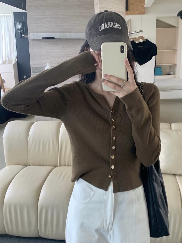 Korean Chic V-neck Knitted Cardigan Autumn and Winter Temperament Bottoming Top Women's Threaded Single-breasted Outer Long-sleeved Sweater
