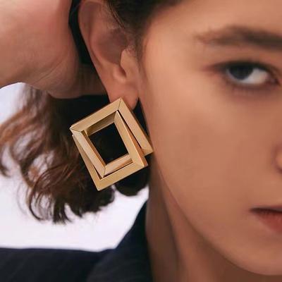 Metal Simple Rhombus Earrings Double-layer Square Stud Earrings Show Face, Thin, European and American Exaggerated Versatile Earrings