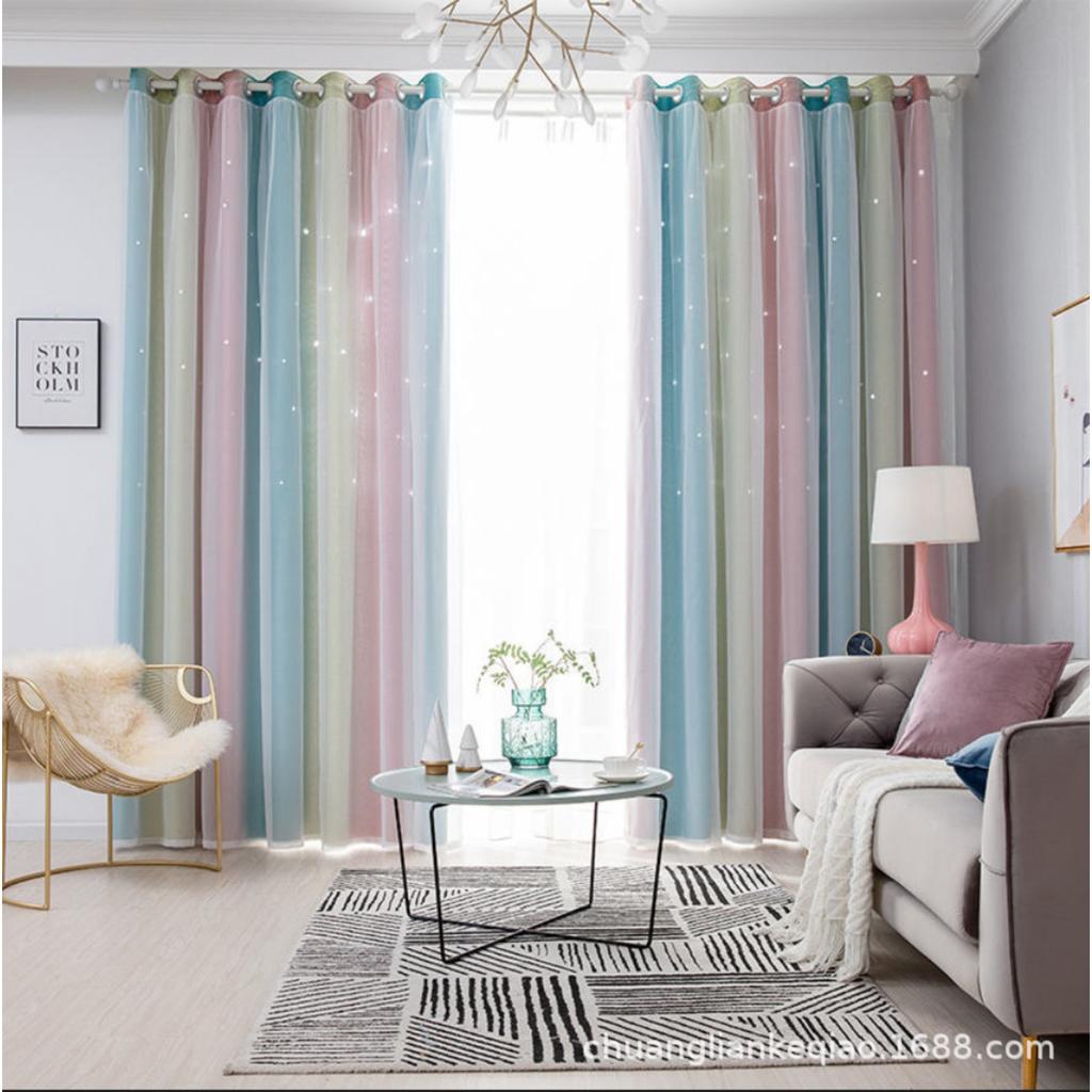 1pc Rainbow Gradient Stripes & Stars Print Double-Layer Blackout & Sheer Curtains | 100% Polyester Grommet Top Light Filtering Privacy Drapes