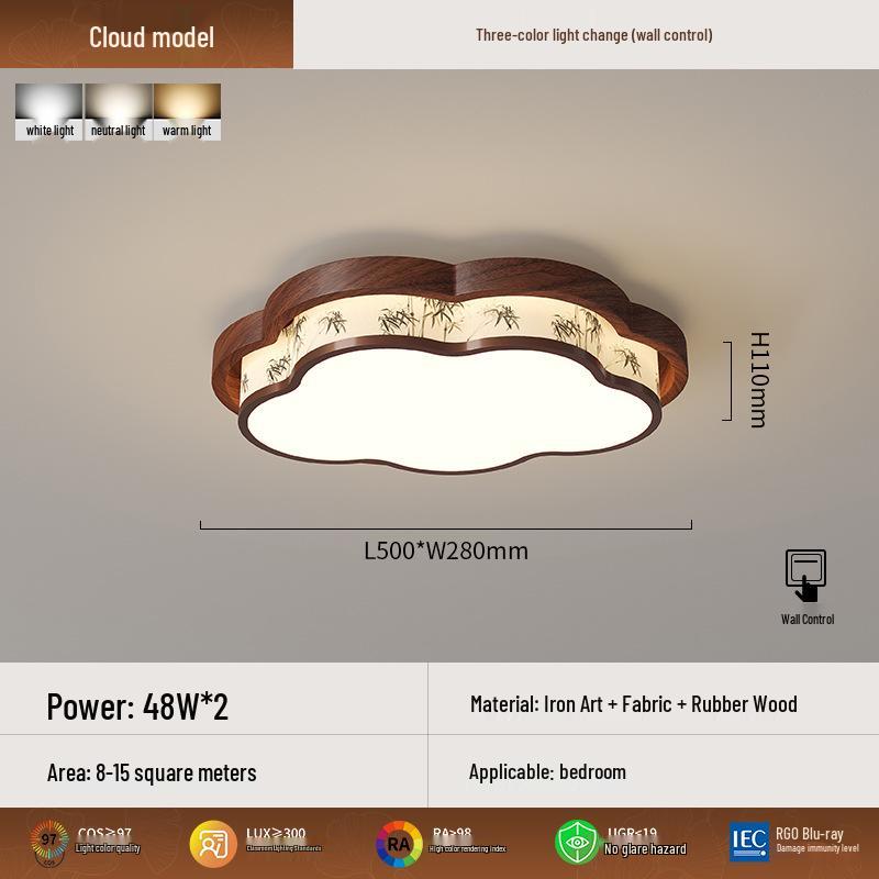 Song Dynasty-Style Walnut Ceiling Light with Cloud Print Fabric for Bedroom
