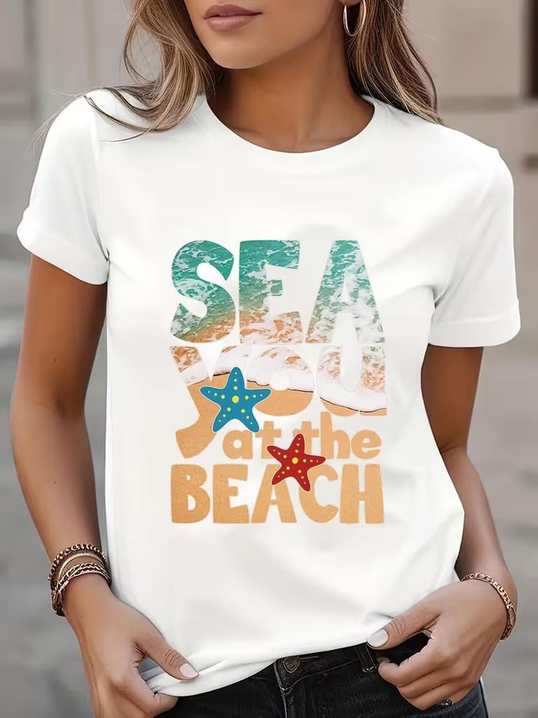 Sea You At The Beach Letter Print Tee Starfish Summer Ocean Design Unisexs Cute Crew Neck Short Sleeve Casual Vacation Top