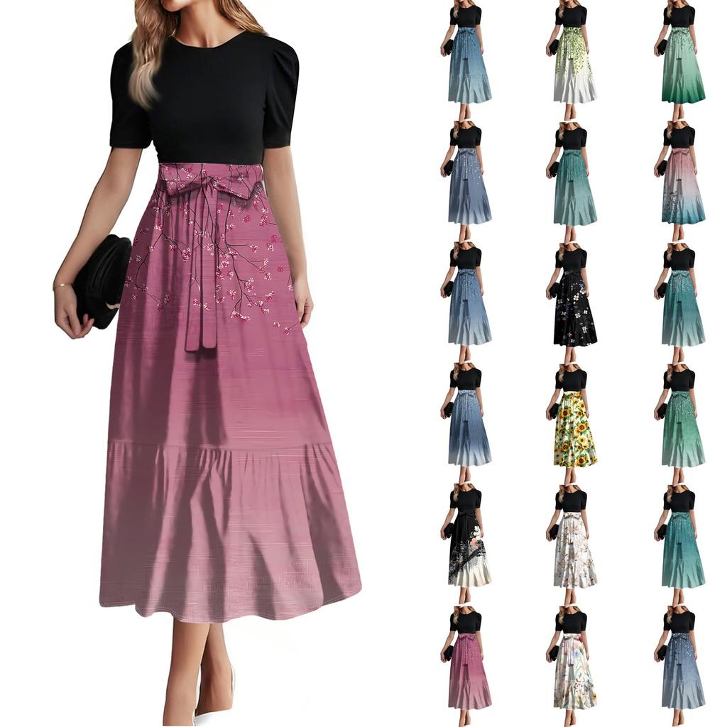 Women's Fashion Casual Belt Short Sleeve Print Round Neck Stitching Elegant Temperament Dress