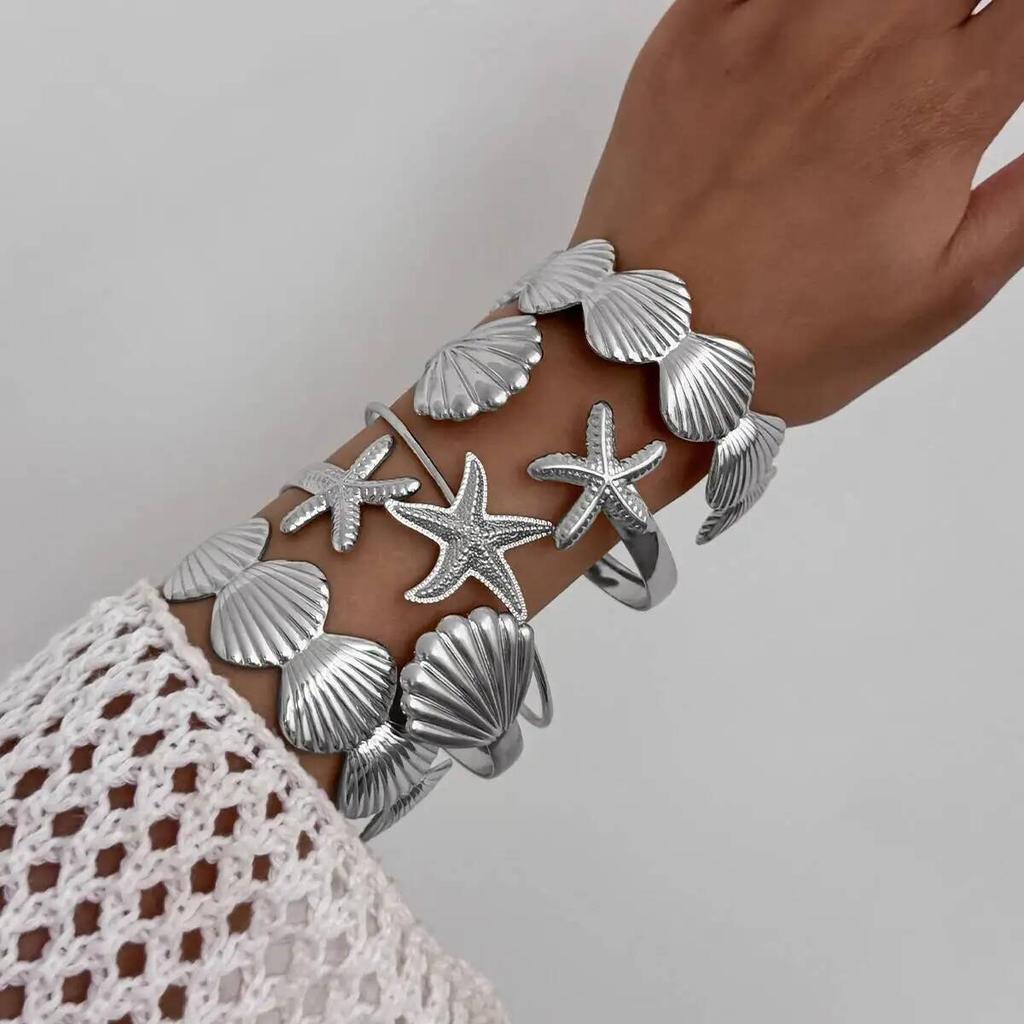 IngeSight.Z 12Pcs/Set Exaggerated HipHop Starfish Scallop Open Cuff Bangle Ring Women Irregular Bracelet Beach Party Jewelry Set