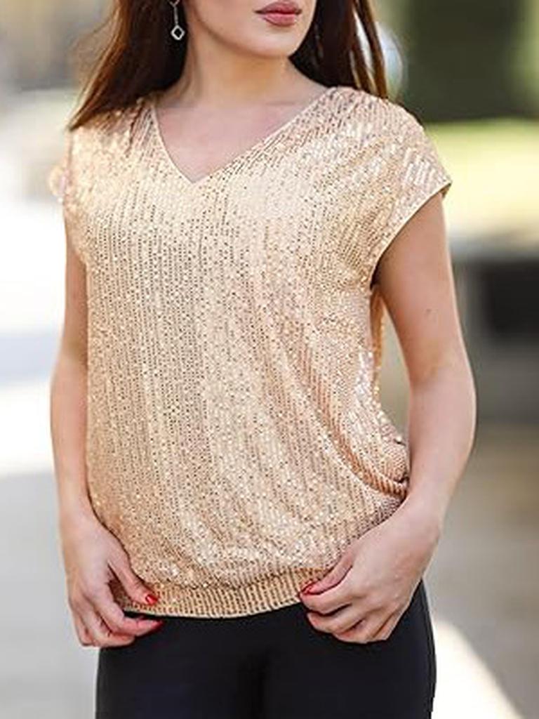 Spring Autumn New Arrivals Shoulder Strap Sequin Slim V-Neck Solid Color Top T-Shirt for Women