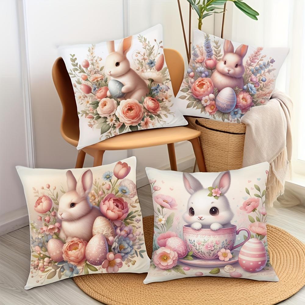 Easter Floral Bunny Print Pillowcase Nordic Home Decor Pillowcase Holiday Bedroom Living Room Decoration Polyester Cushion Cover