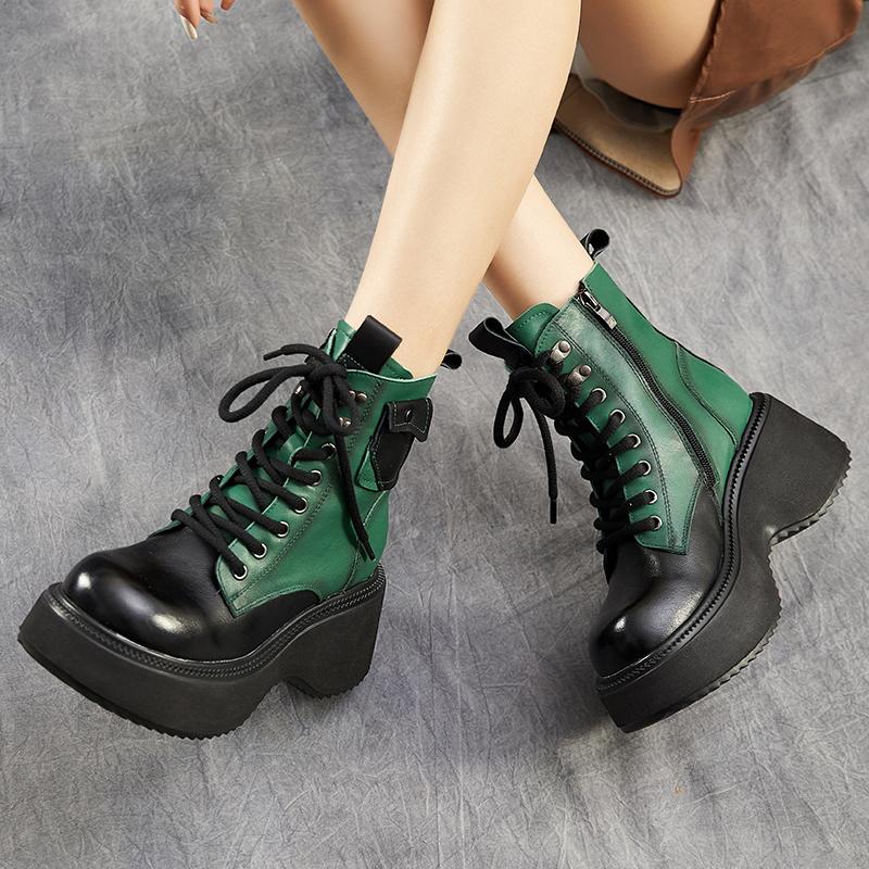 Boty na vysokém podpatku na platformě z pravé kůže 2024 Zima se silnou podrážkou Smíšené barvy s kulatou špičkou Dámské plyšové krátké boty