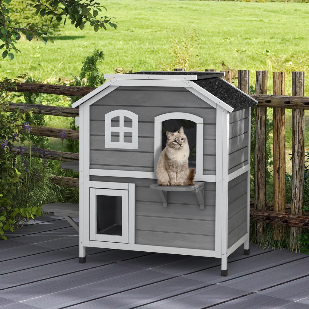 2-story Cat House Outdoor, Weatherproof Wooden Cat Enclosure with Escape Door, Openable Roof, Jumping Platforms, Grey