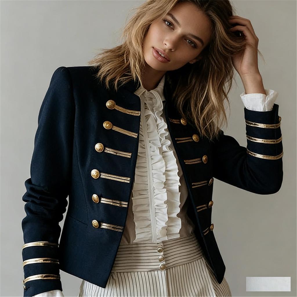 Dámský námořnický blazer vojenského stylu Zlaté knoflíky Dlouhý rukáv Štíhlý střih Vintage kabát Módní Denní dojíždění Ležérní svrchní oblečení