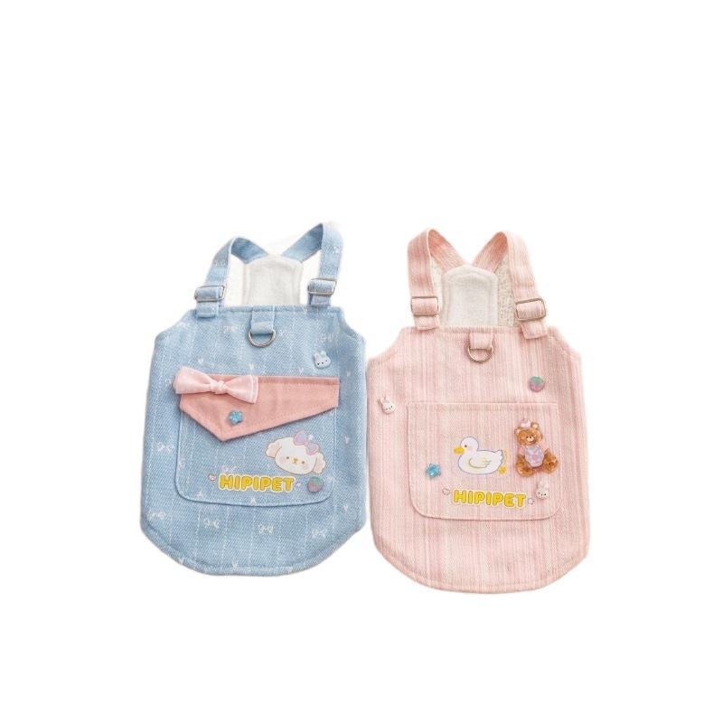 Autumn and winter velvet denim overalls two feet sleeveless medium and small dog dog clothes cat clothes go out traction anti-lost
