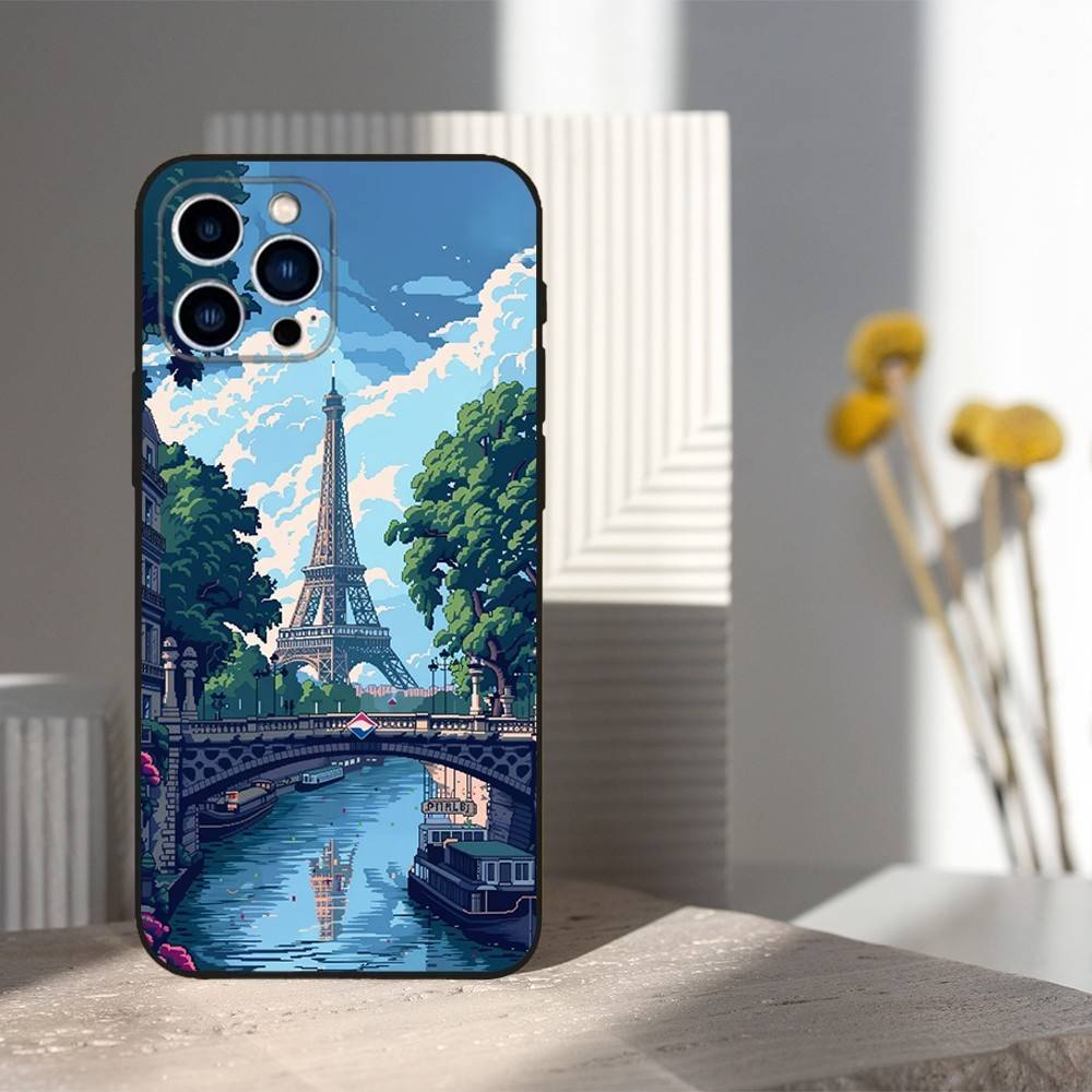 Paris landscape Eiffel Tower For iPhone 12,16,11,14,15,17,13,X,Mini,SE,XS,Plus,Pro Max,8,7,XR,Soft Silicone Black Case