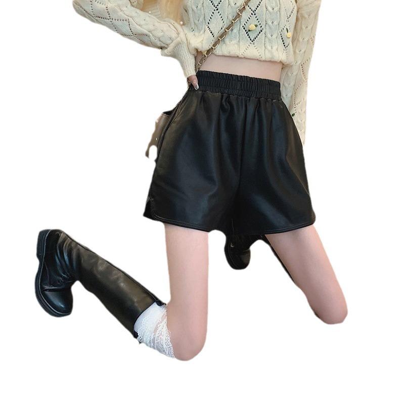 Women's High-Waisted PU Leather Shorts - Autumn/Winter 2024, Plus Size, Loose Fit, Slimming, Wide-Leg.