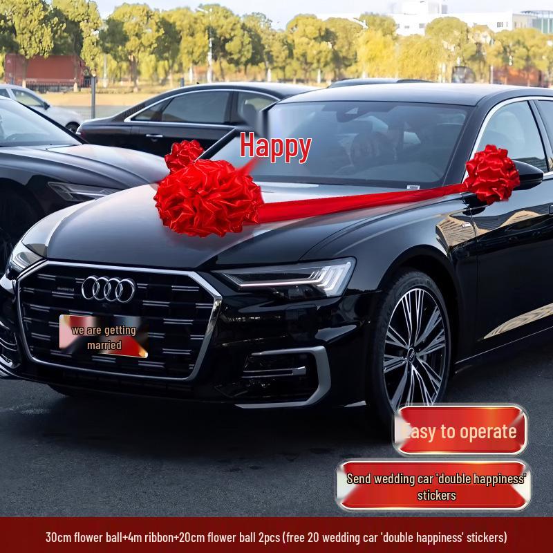 Wedding Car Decoration Set: Ribbons, Flowers, Mirror Arrangements, Double Happiness Stickers