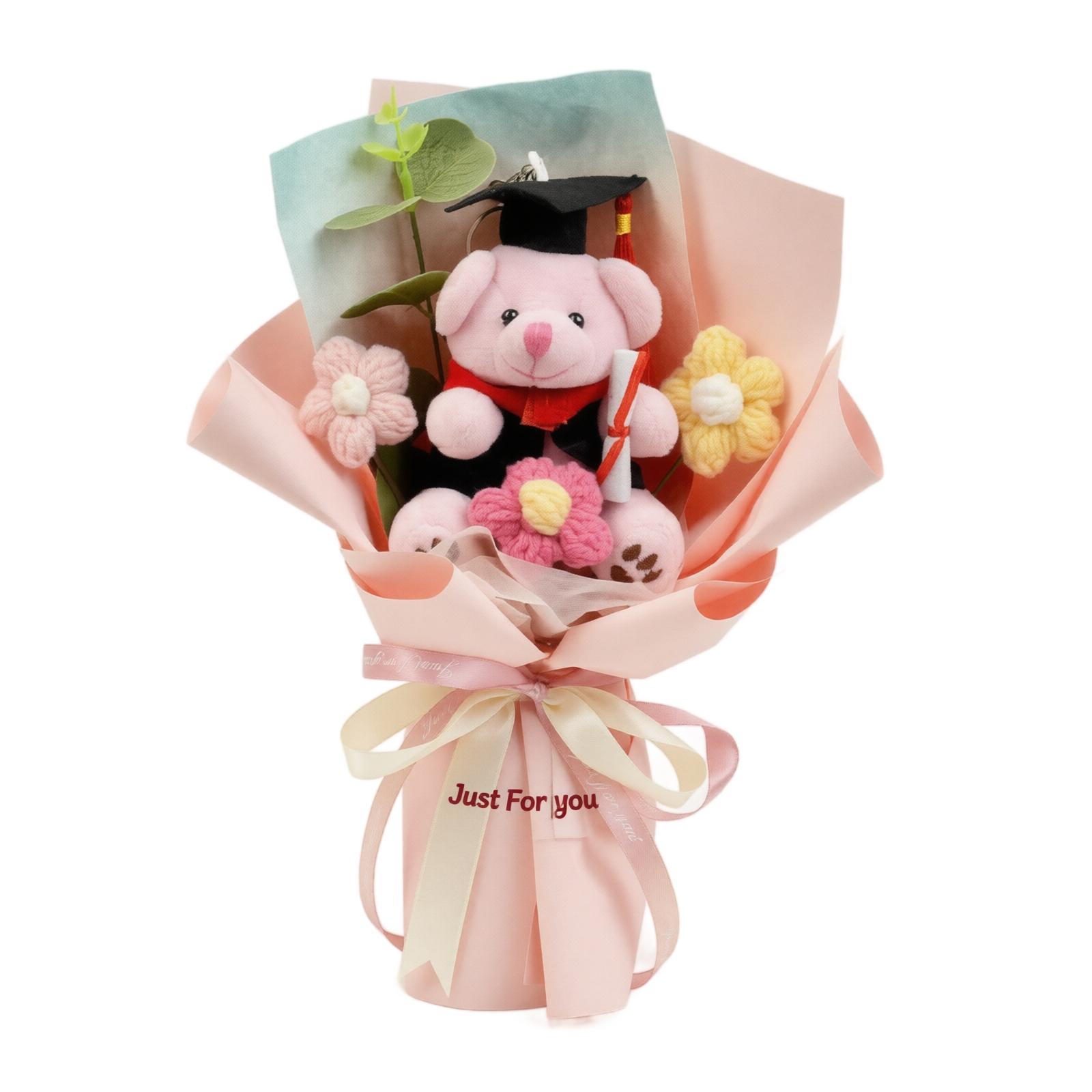 

Handcrafted Knitted Bouquet with Plush Bear in Graduation Cap and Diploma Knitted Flowers Handmade Gift for Special Occasions and Celebrations One Size розовый