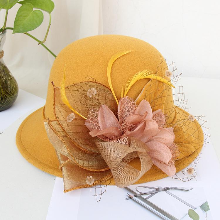 Vintage Hot Selling Custom Private Label Flower Wedding Party Felt Fedora Lady Women Church Hats for Ladies жёлтый