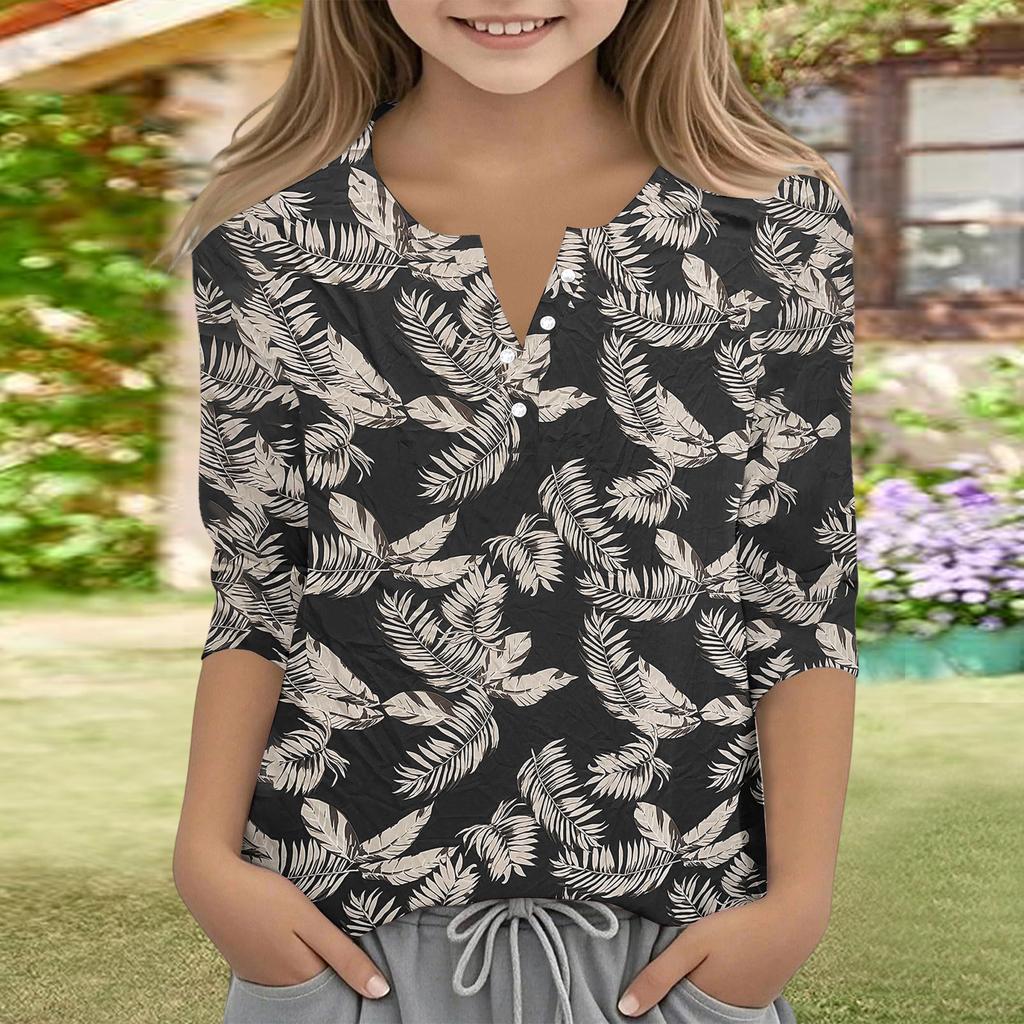 Print Tops For Youth Girls V Neck Button 3/4 Sleeves T-Shirts Trendy Tops Outfit Tees