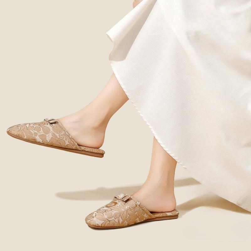 Fashion Fashion String Bead Bow Decoration Slippers Women Elegant Round Toe Rose Totem Designer Shoes Comfort Lightweight Home Slippers