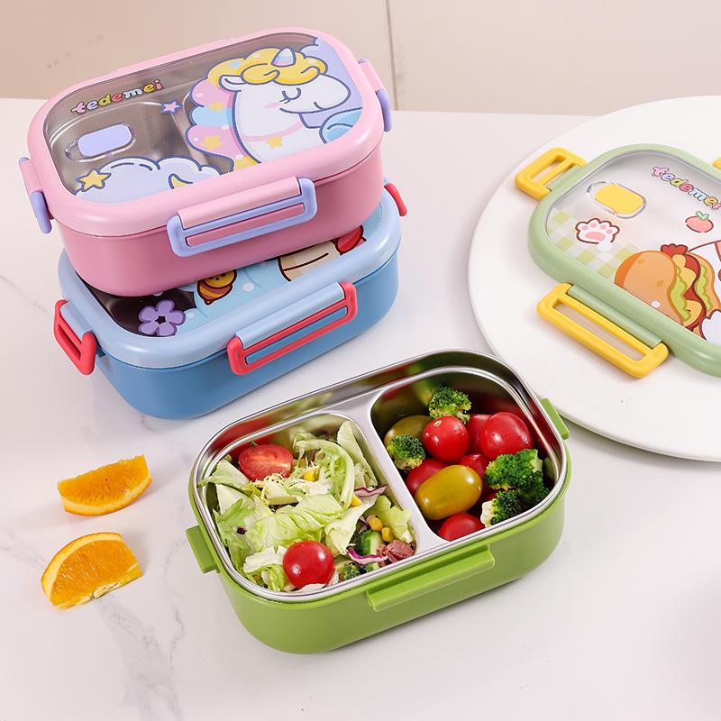 Kids' Cartoon Insulated Bento Box with Cutlery, Dual-Compartment, Food-Grade 304 Stainless Steel
