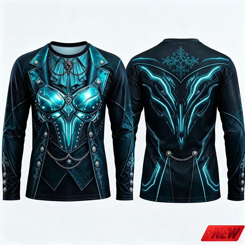 Gothic Vampire Costume Long Sleeve T‑Shirt Men 3D Print Fake Jacket Shirt Graphic Novelty Tee Halloween Cosplay Party Top