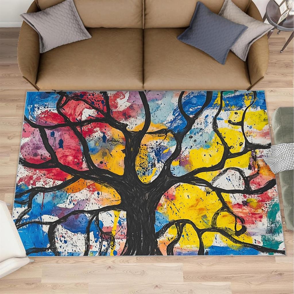 Artistic Abstract Rose Area Rug Modern Art Colorful Rose Non-Slip Large Rug Graffiti Style Flowers Floor Mat for Living Room