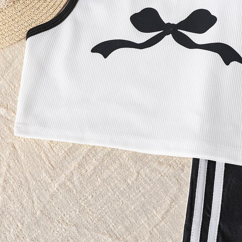 8-12Y Girl's Suit Children's Summer Clothing Bow Tie Vest Top + Casual Striped Trousers Children's Short-sleeved