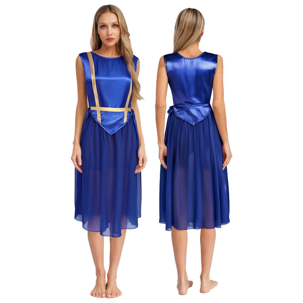 Womens Liturgical Dance Costume Round Neck Sleeveless Design Lace-up Sides Split Hem Satin Tunic