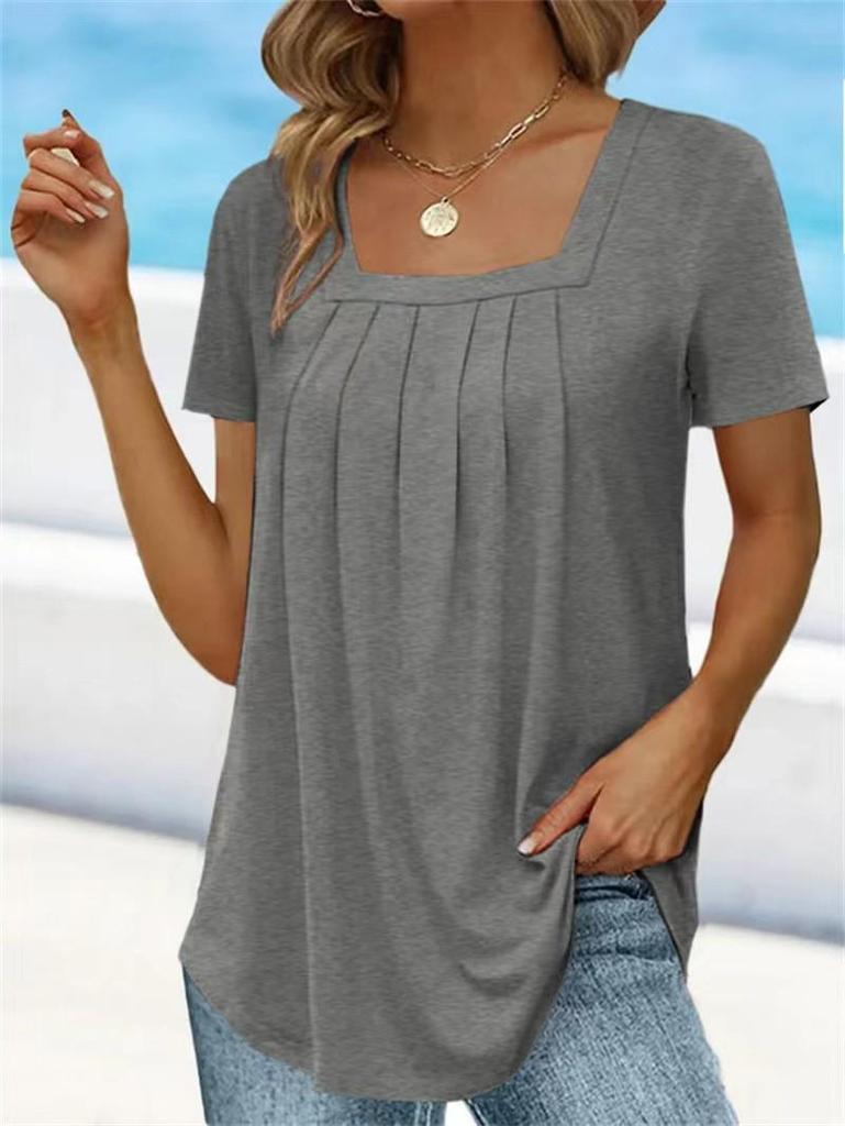 Summer Women's Pleated Square Neck Solid Color Loose Short Sleeve T-Shirt Top