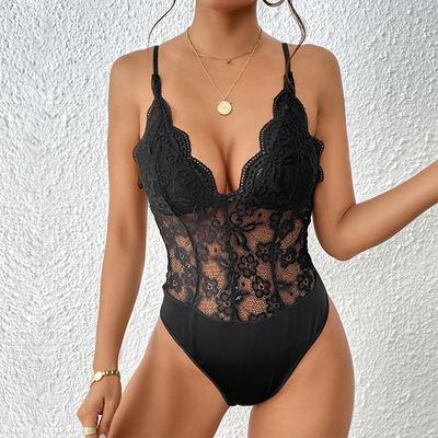 Mulheres sexy preto malha perspectiva bodysuits renda cinta sólida collants macacões