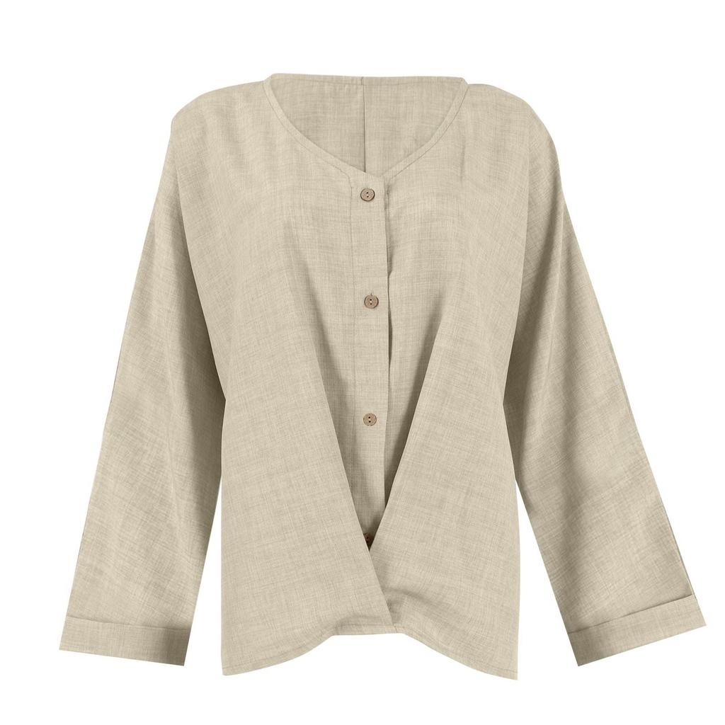 Women's Fashion Casual Solid Color V-Neck Live Button Long Sleeve T-Shirt Top