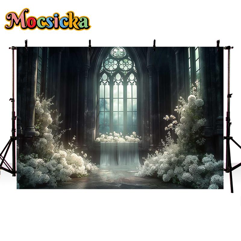 Mocsicka Photography Background Dreamy Misty Arch Castle Floral Decor Wedding Maternity Adult Art Portrait Backdrop Photo Studio